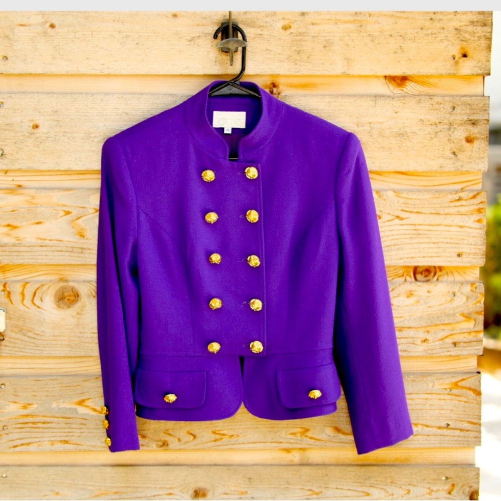 VTG 1980s Purple Wool Cache Double Breasted Blazer W/ Gold Buttons. Size 4